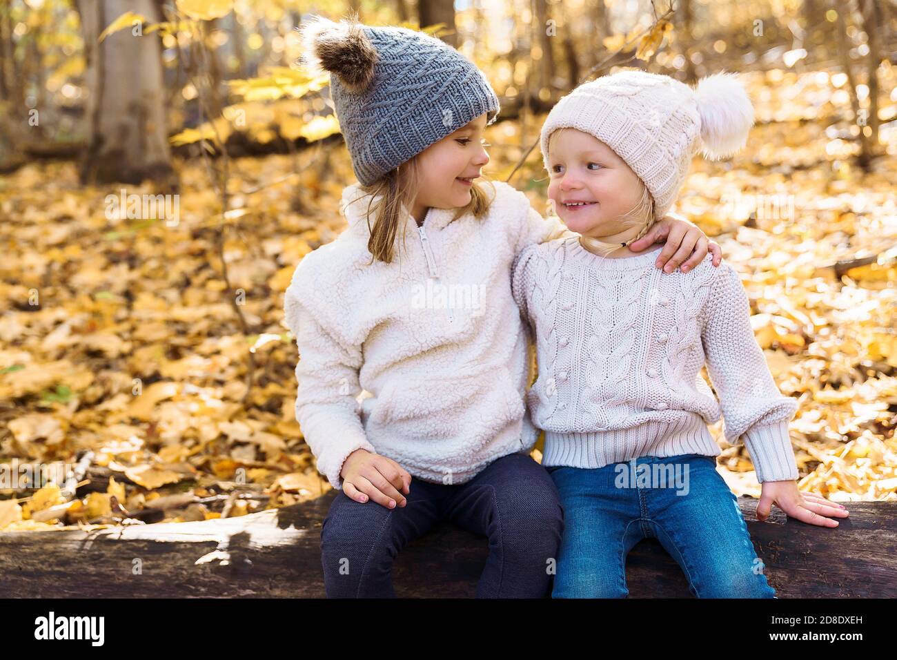 carino caucasico bambini sulla stagione autunnale all'aperto sedersi su registro Foto Stock