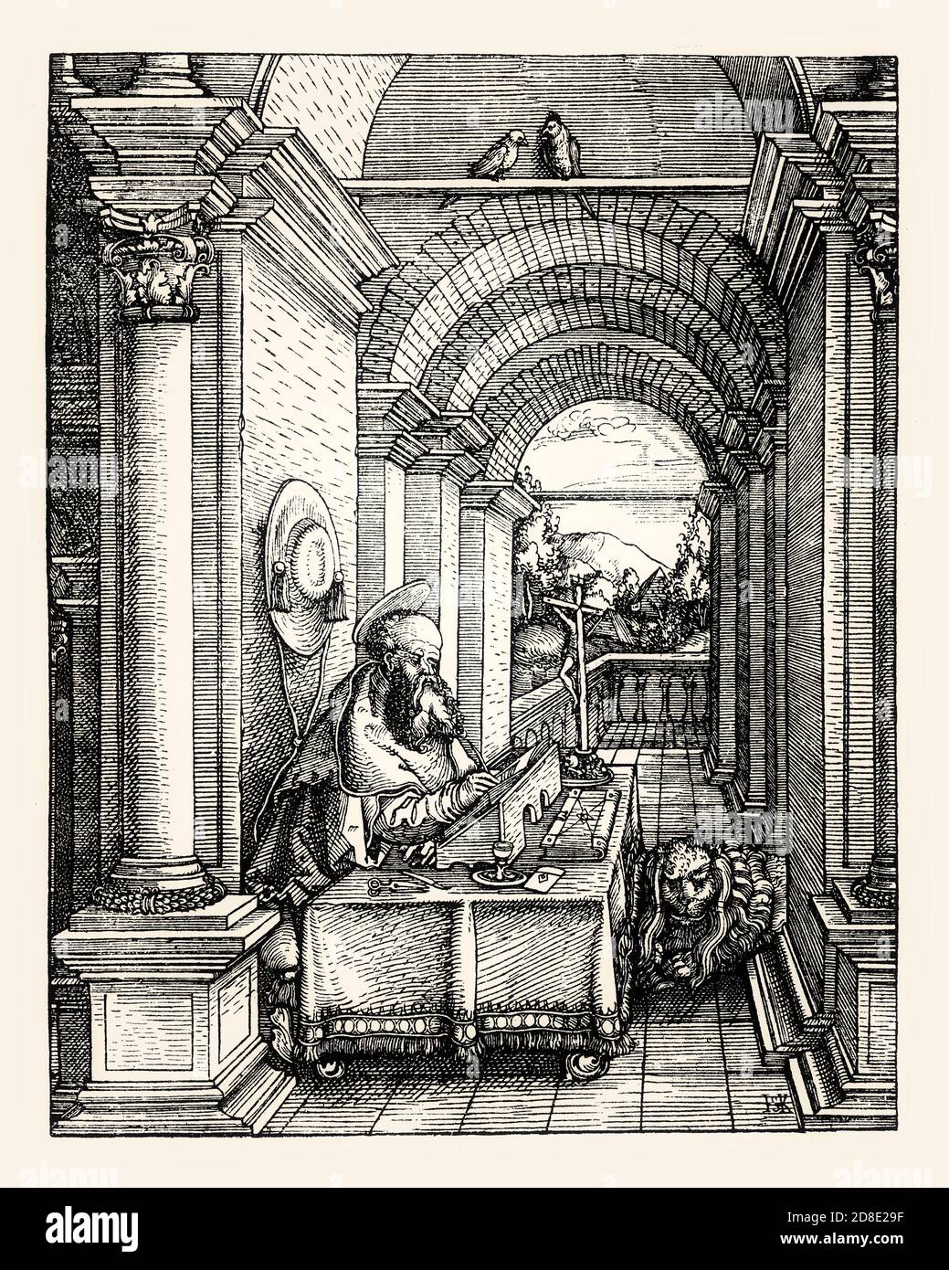 San Girolamo nel suo studio di Hans Springinklee, taglio di legno, 16 ° secolo Foto Stock