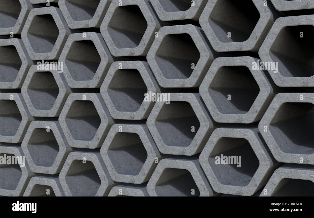 Struttura della parete in cemento a nido d'ape. Design esterno astratto ed esagonale. Illustrazione del rendering 3D, vista laterale Foto Stock