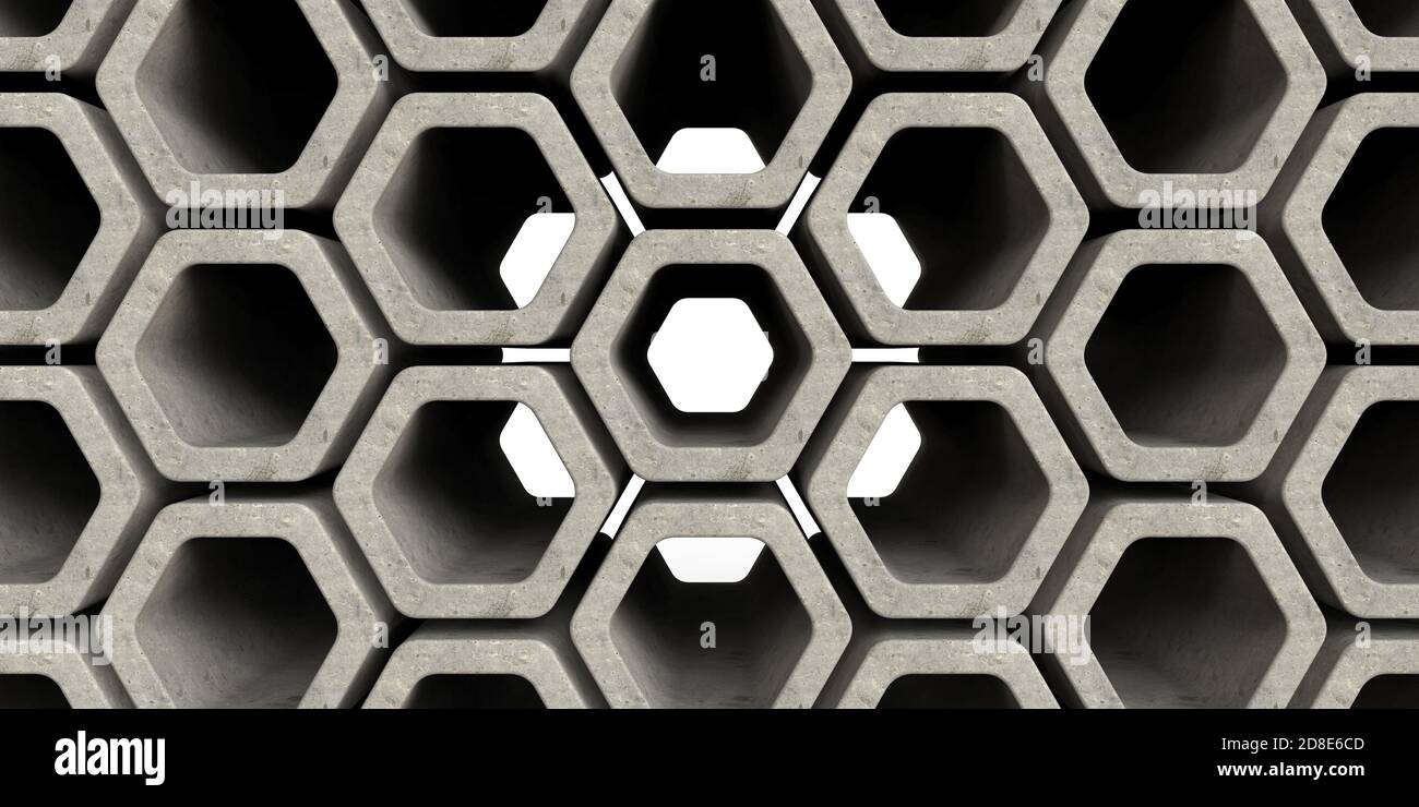 Struttura della parete in cemento a nido d'ape. Design esterno astratto ed esagonale. Illustrazione del rendering 3D, vista frontale Foto Stock