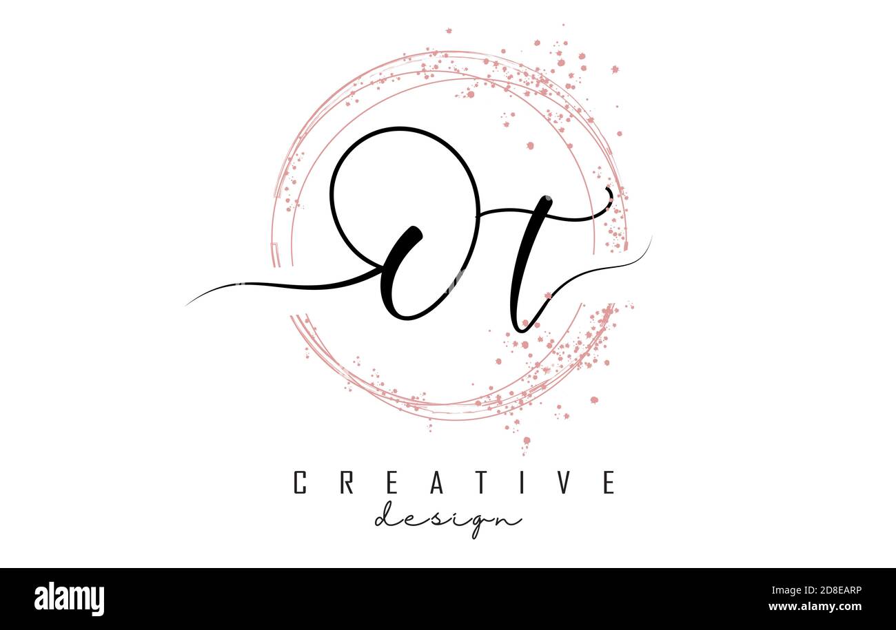 Logo scritto a mano OT o t letter con cerchi scintillanti con glitter rosa. Illustrazione vettoriale decorativa con lettere o e t. Illustrazione Vettoriale