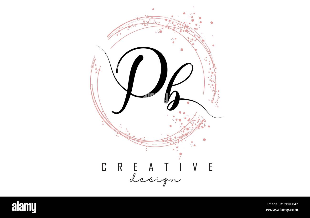 Logo lettera PB P B scritto a mano con cerchi scintillanti con glitter rosa. Illustrazione vettoriale decorativa con lettere P e B. Illustrazione Vettoriale
