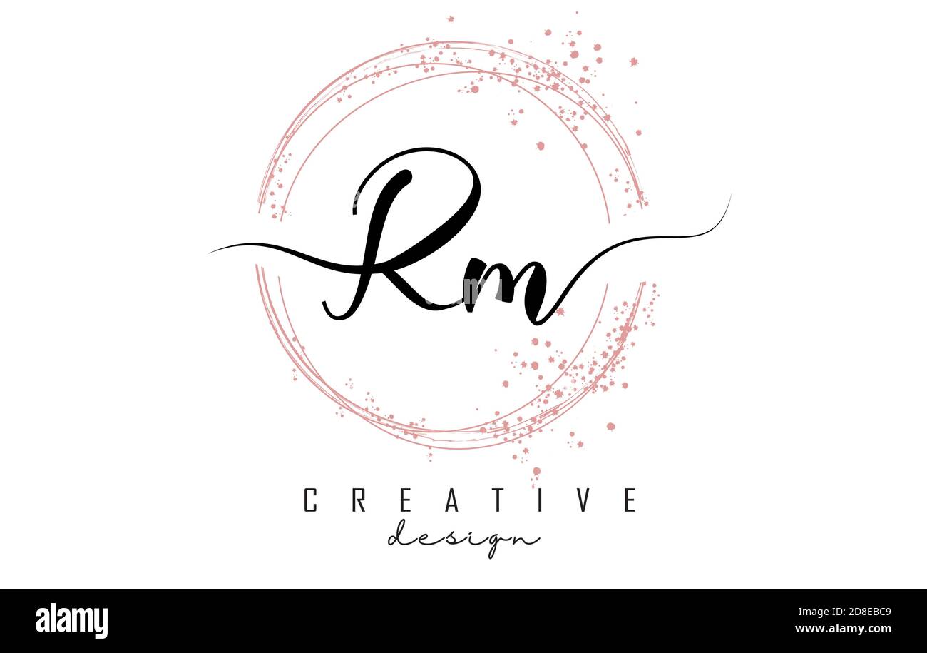 Logo scritto a mano RM R m con cerchi scintillanti con glitter rosa. Illustrazione decorativa vettoriale con lettere R e m. Illustrazione Vettoriale