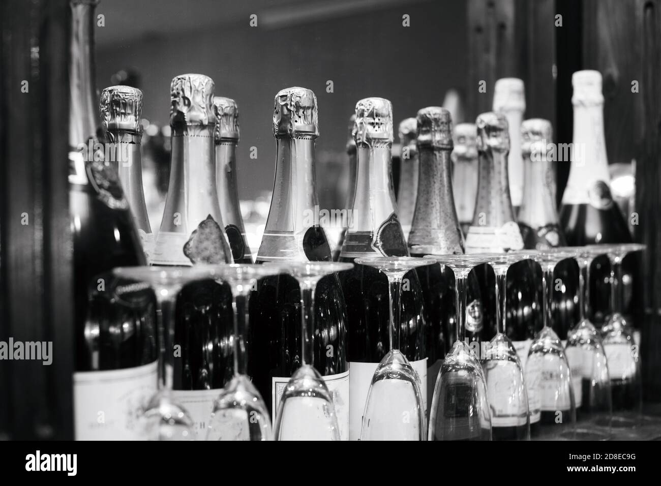 Bottiglie di champagne colorate in fila al bar con bicchieri, concetto di festa in bianco e nero Foto Stock