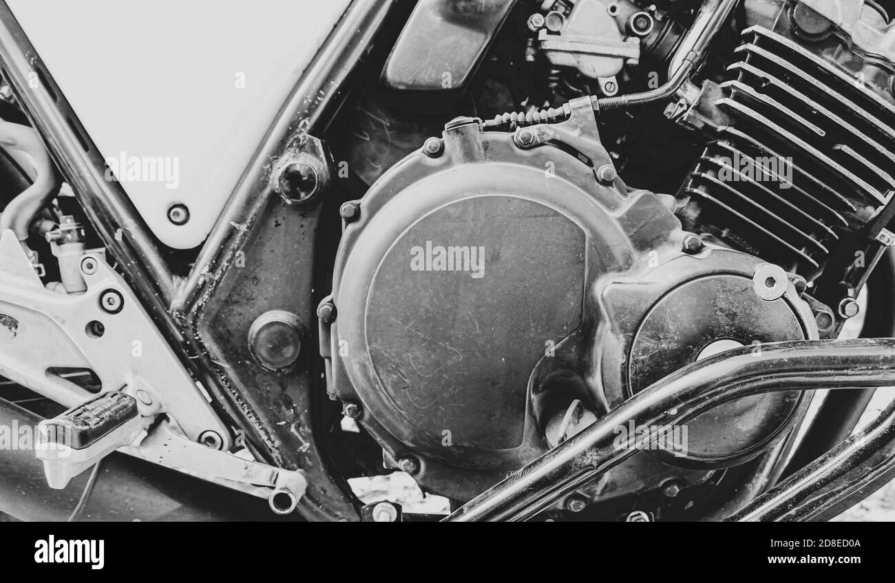 Primo piano motore moto.Foto in bianco e nero. Foto Stock