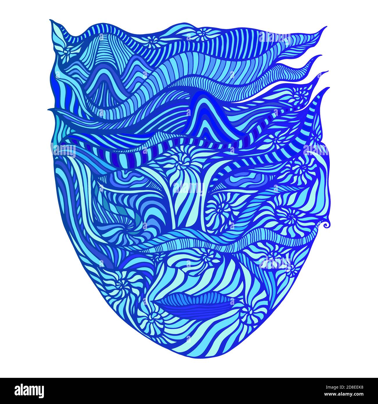 Surreale astratta Dea d'acqua con volto in ammoniti e di pazzi motivi, ciano, blu scuro, color acquamarina Illustrazione Vettoriale