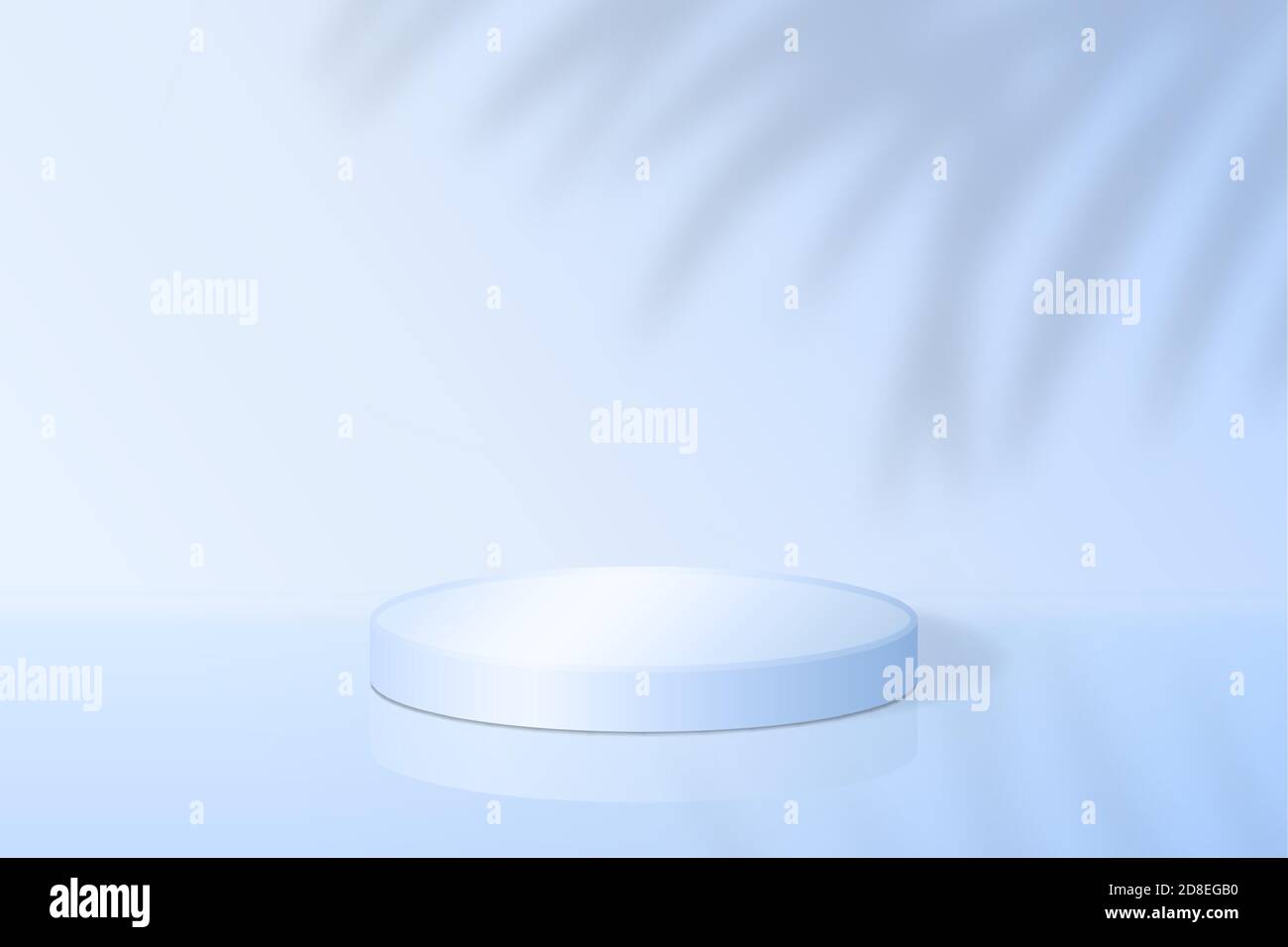 Podio rotondo 3d realistico per la dimostrazione del prodotto. Piattaforma cilindrica con effetto ombra tropicale su sfondo blu. Scena con piedistallo per Illustrazione Vettoriale