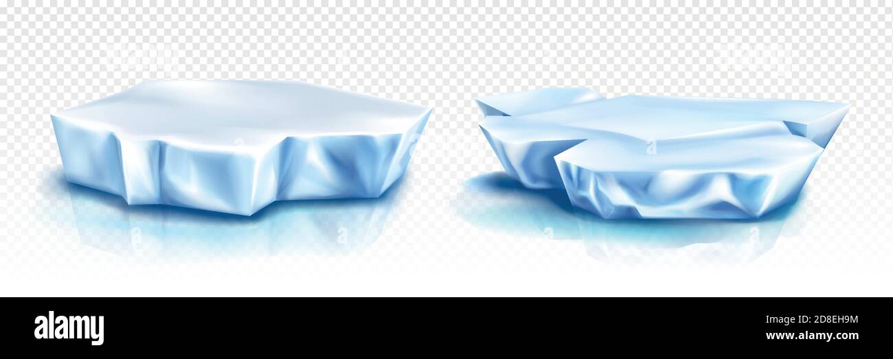 Ghiacciai, pezzi di iceberg, blocchi blu di ghiaccio, acqua ghiacciata e neve isolati su sfondo trasparente. Vettore realistico insieme di freddo artico, polare o antartico galleggianti che sgocciolano in mare Illustrazione Vettoriale