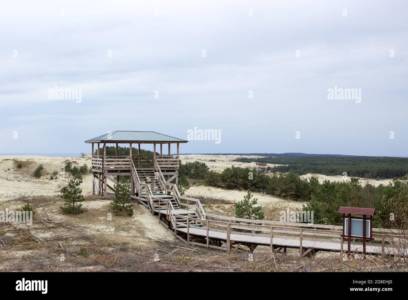 Piattaforma di osservazione con passerella in legno tra dune sabbiose. La Kurshskaya Kosa o la lingua curoniana, l'Oblast di Kaliningrad, Russia Foto Stock
