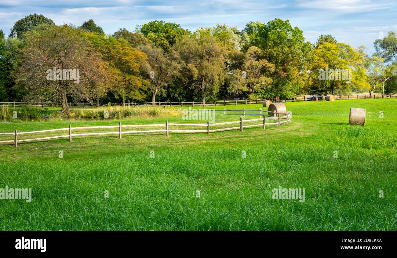 Recinzione di guida di divisione e fienili in un campo Foto Stock