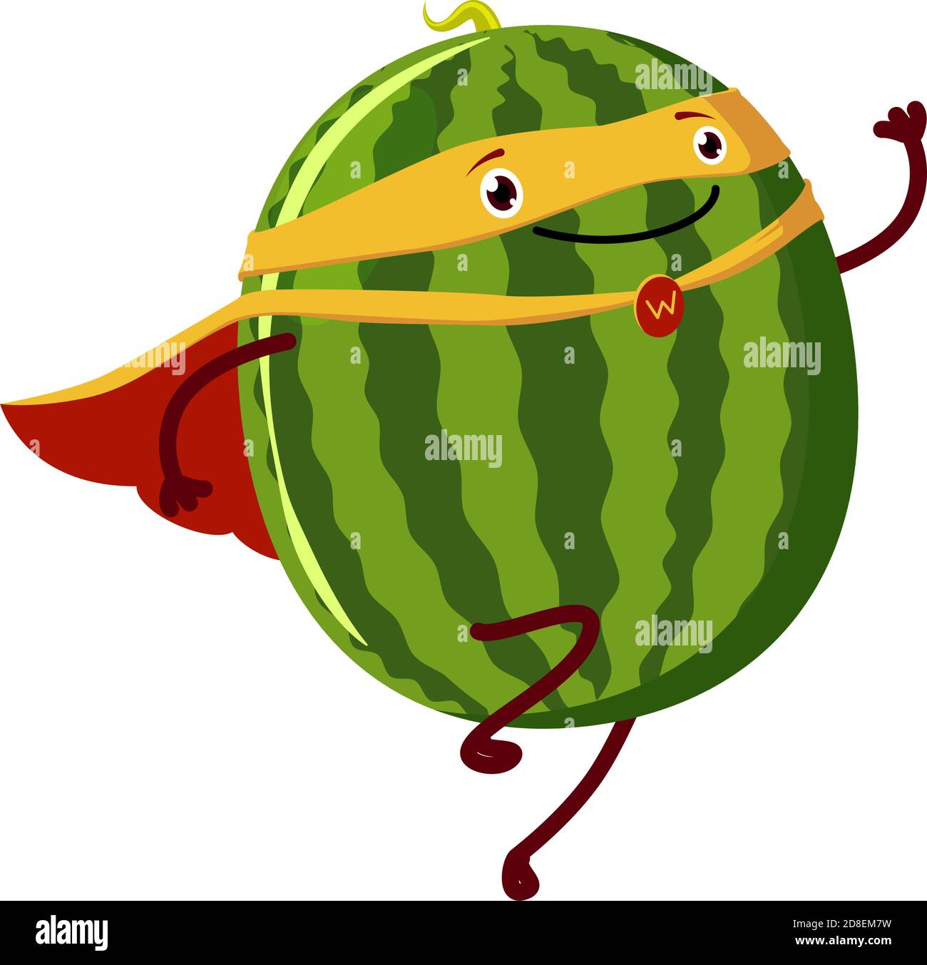 Cocomero personaggio super eroe. Simpatico poster di frutta con il carattere vettoriale anguria. Stile cartone animato Illustrazione Vettoriale