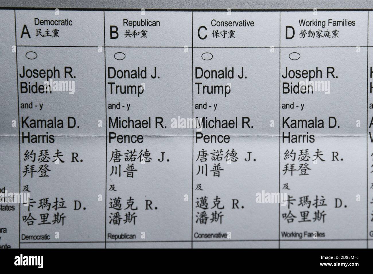 Uno scrutinio degli assenti in una sede di voto iniziale per le elezioni presidenziali del 2020 il 28 ottobre 2020 al Barclays Center nel Brooklyn borou Foto Stock