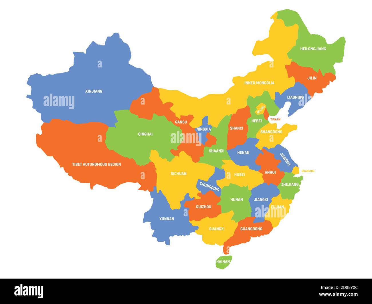 Mappa politica colorata della Cina. Divisioni amministrative - Province. Semplice mappa vettoriale piatta con etichette. Illustrazione Vettoriale
