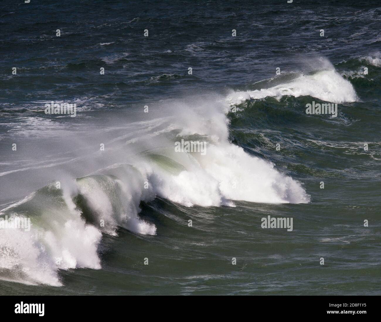 Onde di rottura spray spazzato dal vento. Vicino alla spiaggia di Poldhu, Poldhu Cove, Cornovaglia. Un'insenatura popolare per surfisti e principianti di surf. Foto Stock