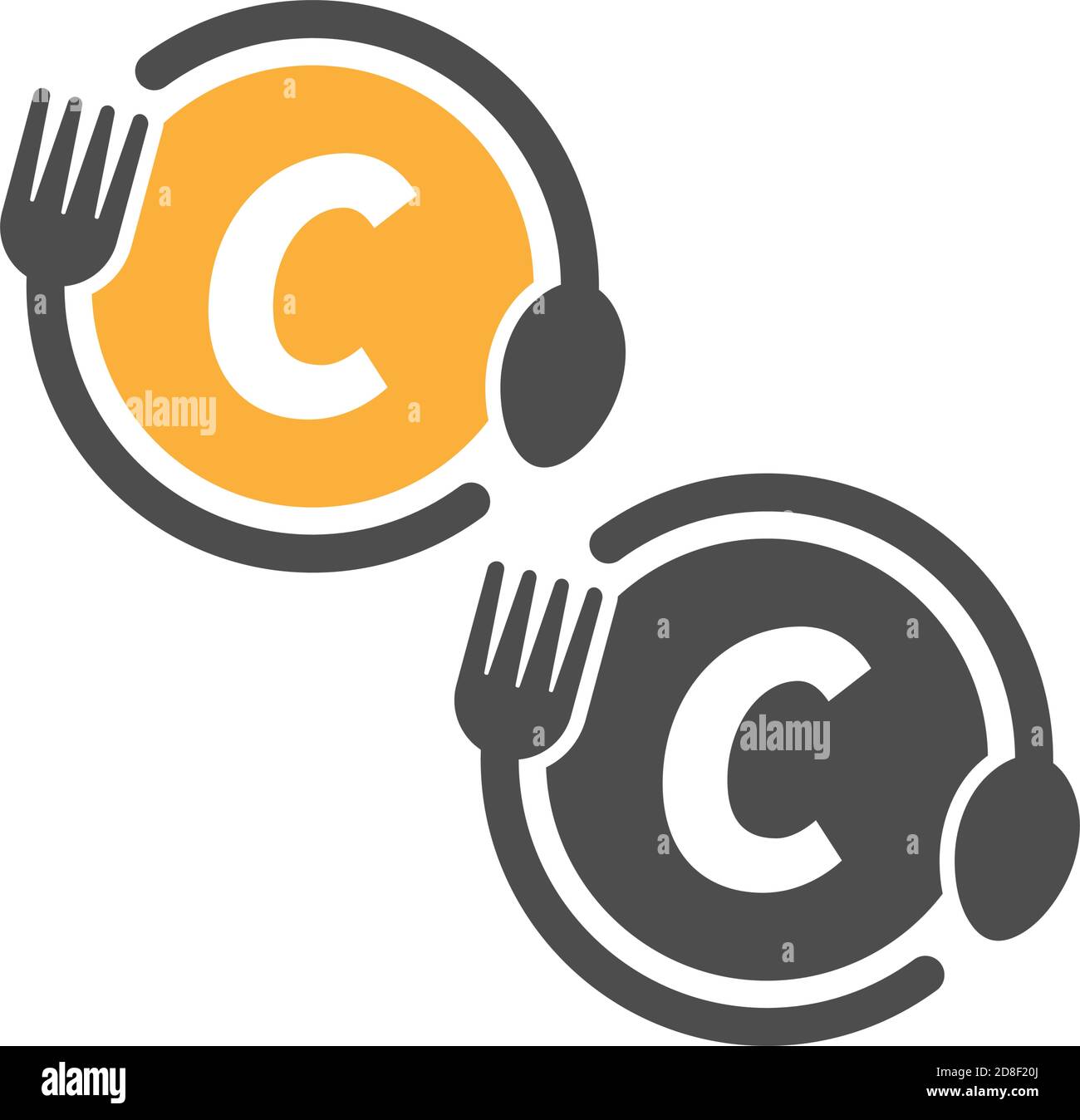 Concetto di progettazione del logo C con la lettera circolare e l'icona a cucchiaio Illustrazione Vettoriale
