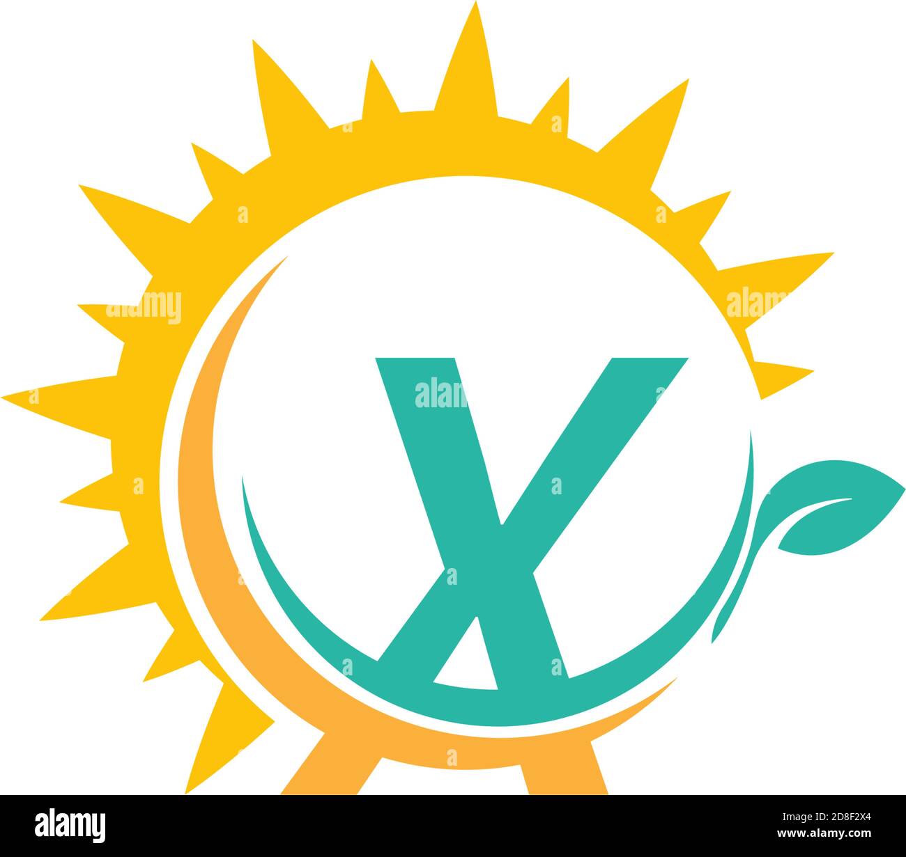 Logo icona lettera X con foglia combinata al design del sole concetto Illustrazione Vettoriale