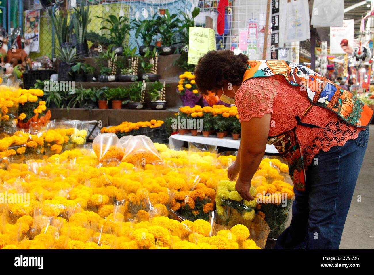 Città del Messico, Messico. 29 Ott 2020. CITTÀ DEL MESSICO, MESSICO - 29 OTTOBRE: Una persona indossa la maschera mentre vende il fiore di Cempasuchil nel mercato esterno, in occasione delle celebrazioni messicane del giorno dei morti in occasione della nuova pandemia di Covid-19 il 29 ottobre 2020 a Città del Messico, Messico. Credit: Leonardo Casas/ Eyepix Group/The Photo Access Credit: The Photo Access/Alamy Live News Foto Stock