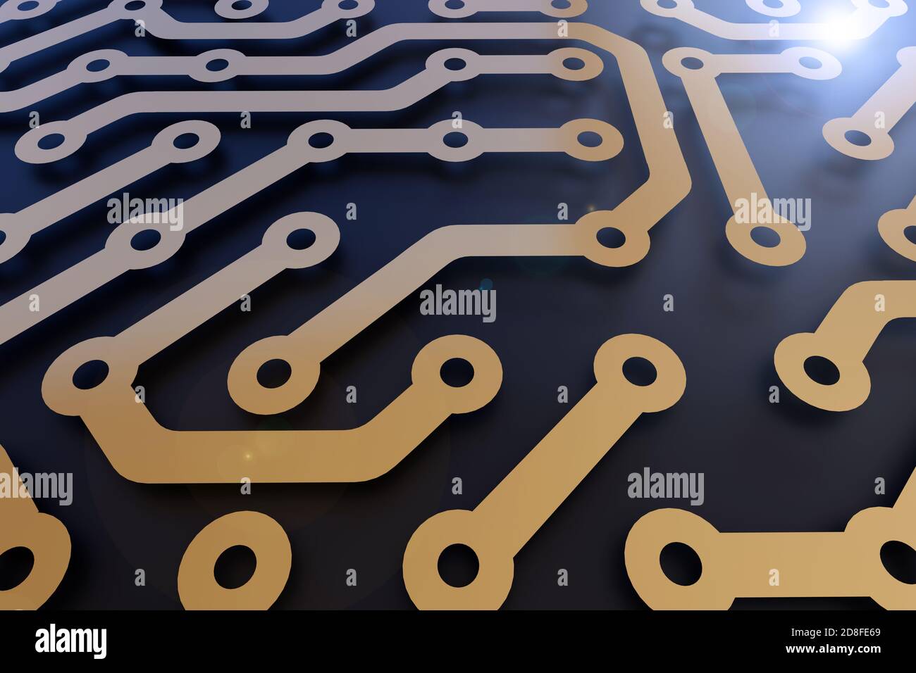 Primo piano di una scheda elettronica su sfondo scuro. illustrazione 3d. Foto Stock