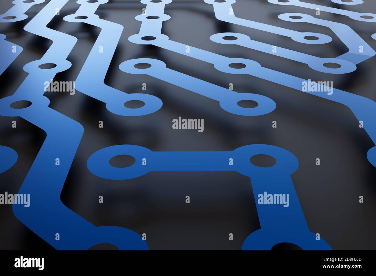 Primo piano di una scheda elettronica su sfondo scuro. illustrazione 3d. Foto Stock