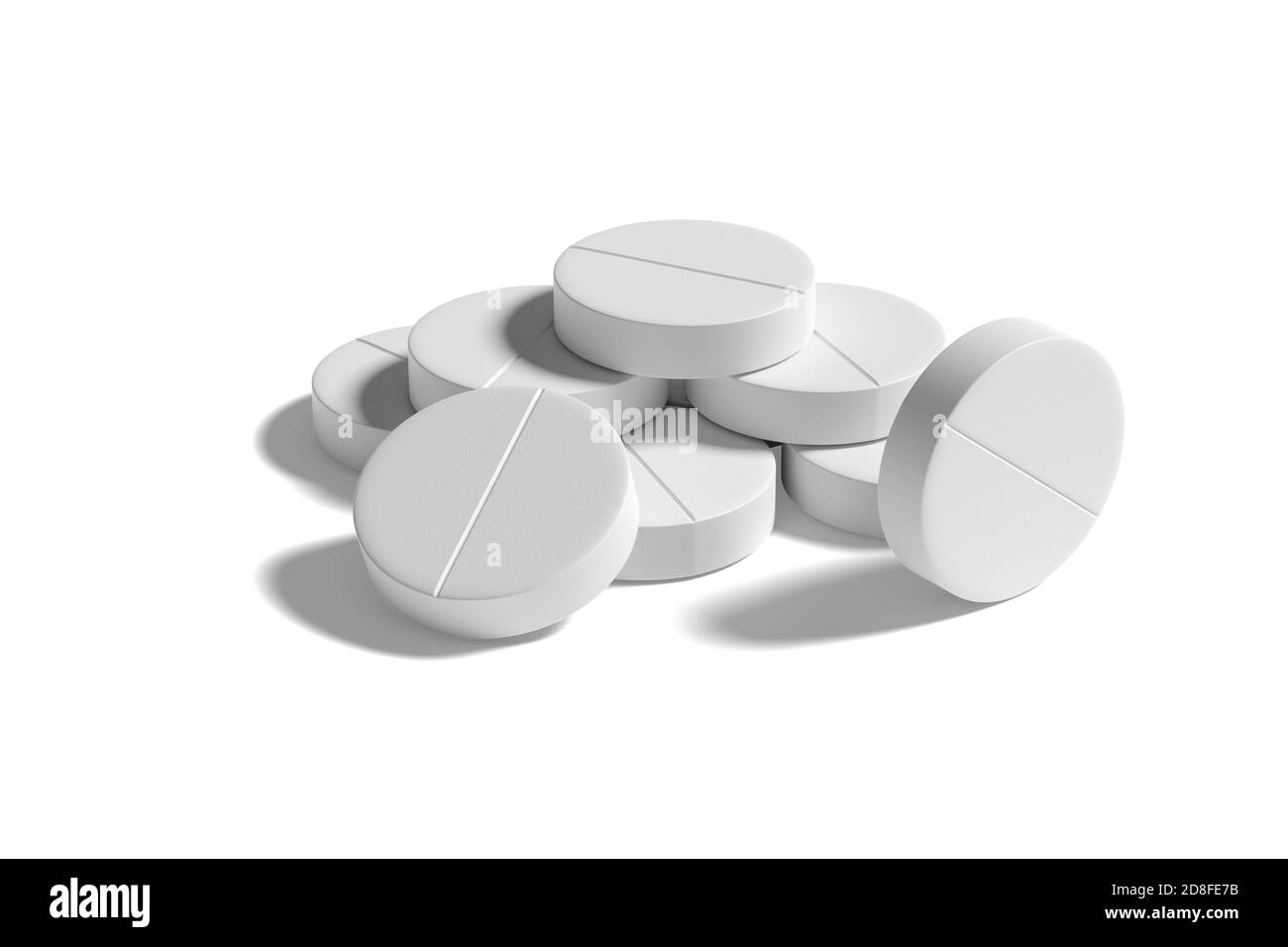 Pillole bianche isolate su sfondo bianco. illustrazione 3d. Foto Stock