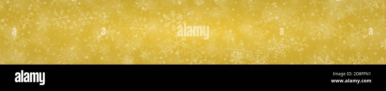 Banner natalizio di fiocchi di neve di diverse forme, dimensioni e trasparenza su sfondo giallo Illustrazione Vettoriale