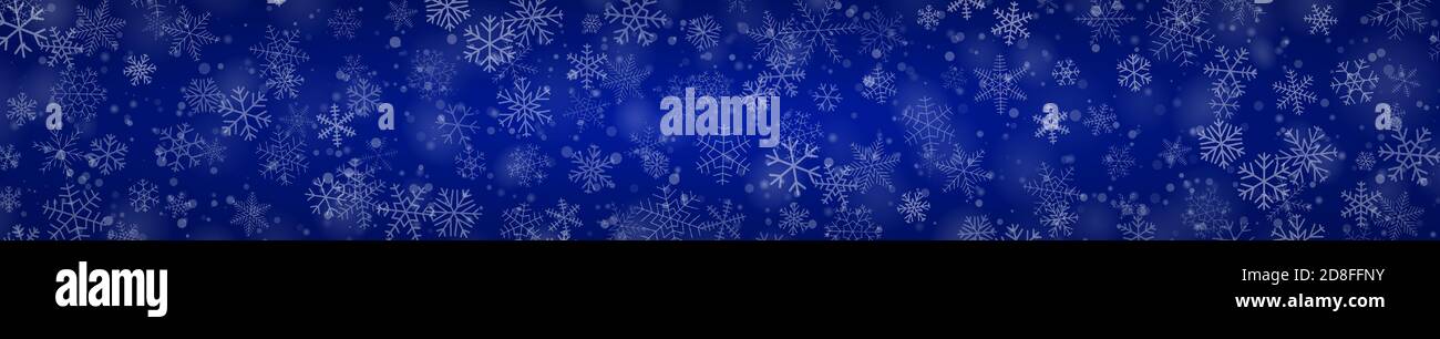 Banner natalizio di fiocchi di neve di diverse forme, dimensioni e trasparenza su sfondo blu Illustrazione Vettoriale
