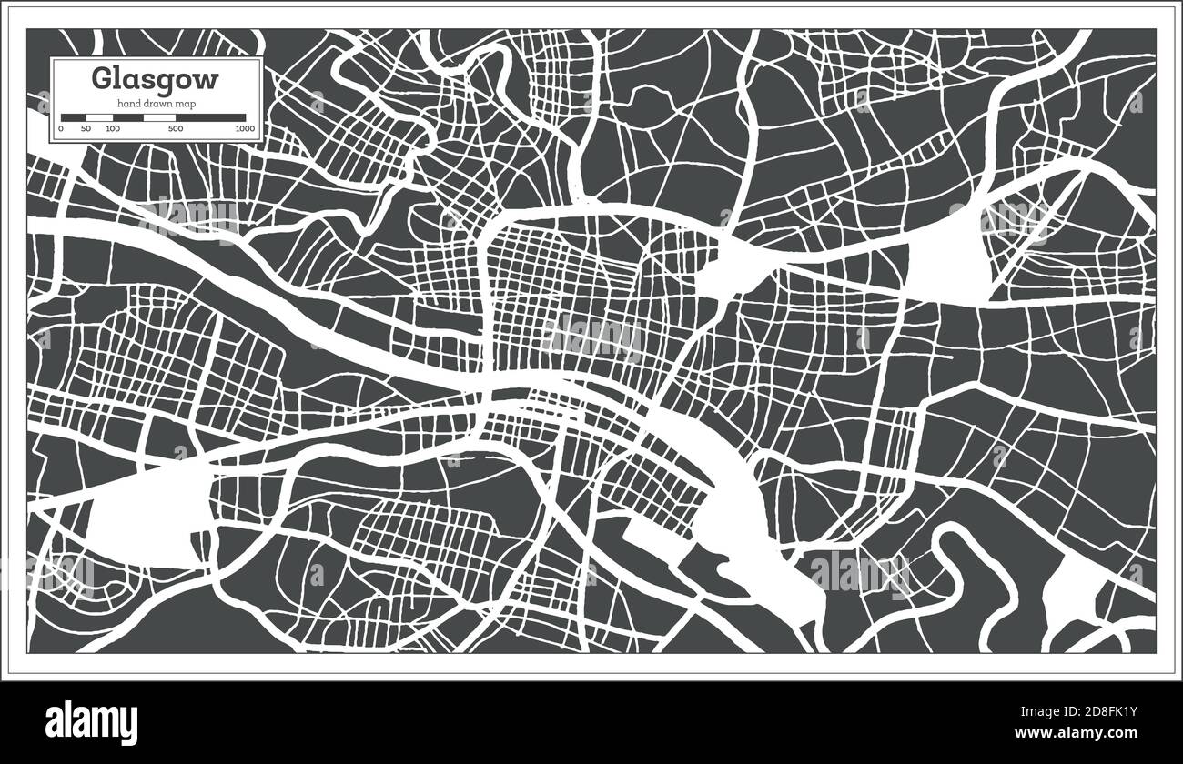 Mappa della città di Glasgow Gran Bretagna in bianco e nero in stile retro. Mappa di contorno. Illustrazione vettoriale. Illustrazione Vettoriale