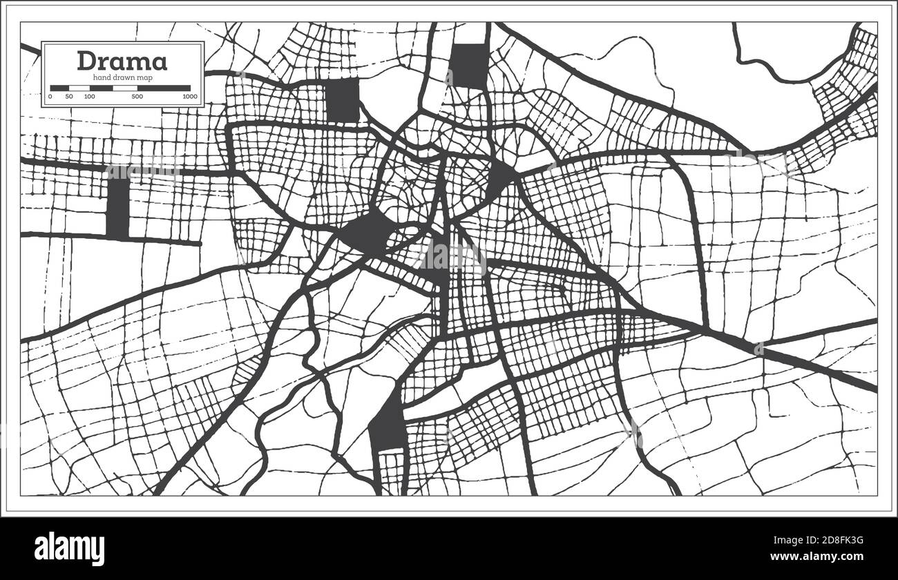 Drammatico Grecia Mappa della città in bianco e nero in stile retro. Mappa di contorno. Illustrazione vettoriale. Illustrazione Vettoriale