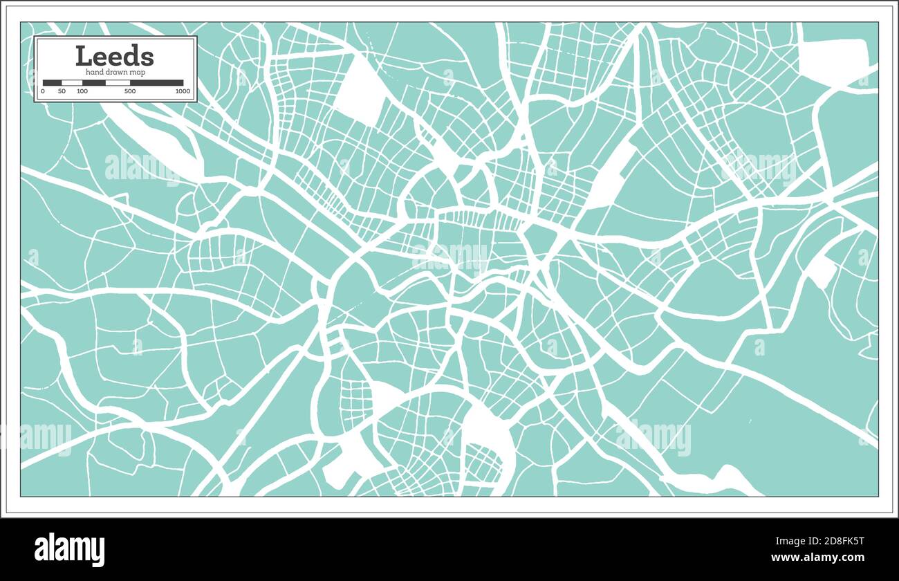 Mappa della città di Leeds in Gran Bretagna in stile retro. Mappa di contorno. Illustrazione vettoriale. Illustrazione Vettoriale