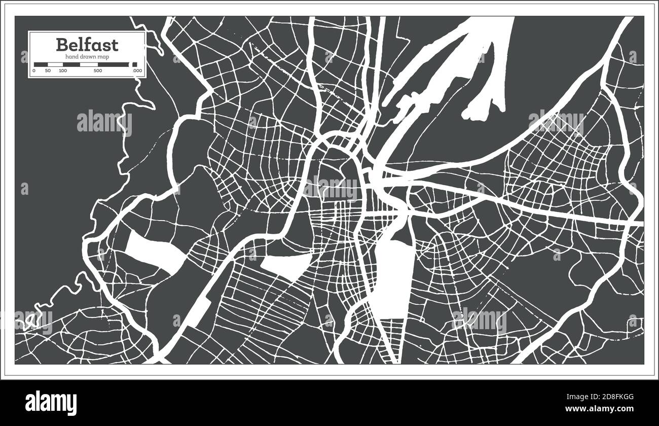 Mappa della città di Belfast in Gran Bretagna in bianco e nero in stile retro. Mappa di contorno. Illustrazione vettoriale. Illustrazione Vettoriale