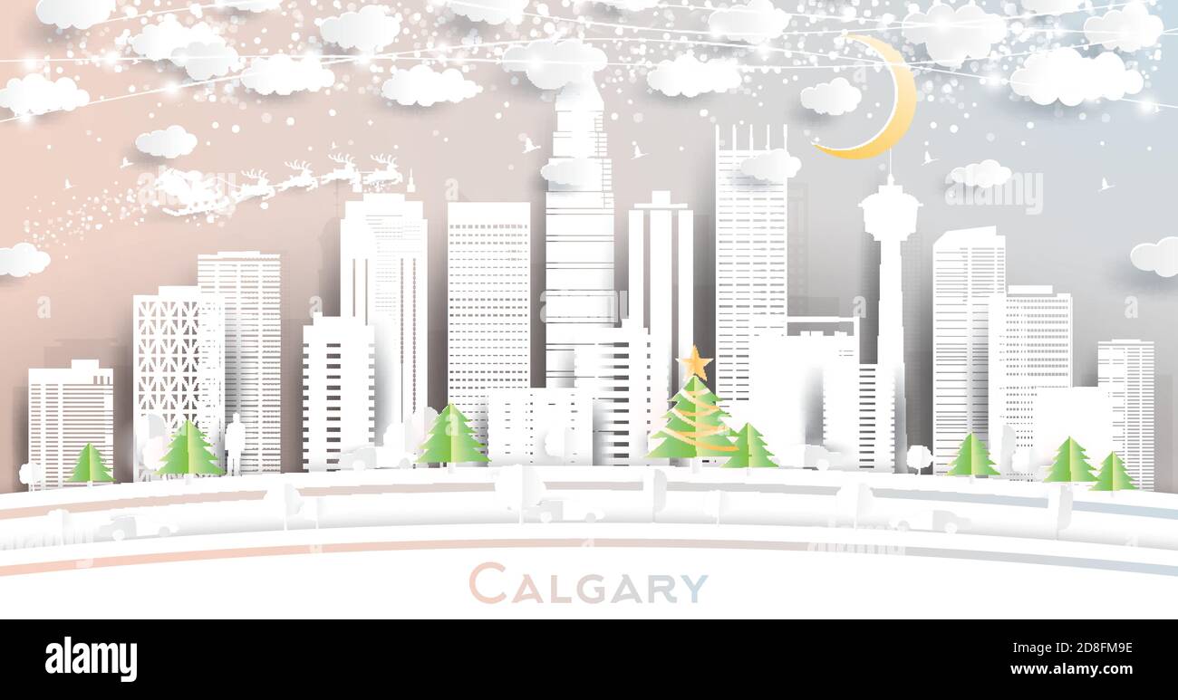 Calgary Canada City Skyline in stile Paper Cut con fiocchi di neve, Luna e Neon Garland. Illustrazione vettoriale. Natale e Capodanno. Illustrazione Vettoriale