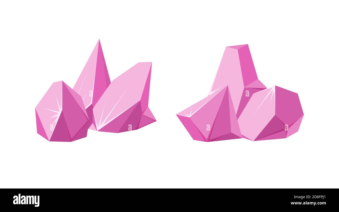 Cristalli rotti in pezzi. Set di cristalli di rubino schiacciati. Pietre preziose rotte o rocce rosa. Illustrazione vettoriale in stile cartoon Illustrazione Vettoriale
