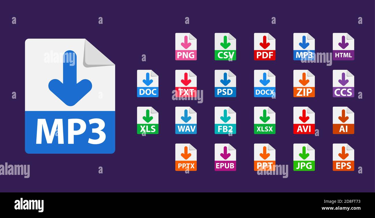 Raccolta di icone vettoriali. Segno Scarica MP3 su sfondo scuro. Icone delle estensioni del formato file. PDF, TXT, DOC, docx, ZIP, pptx, xlsx, JPG PSD AVI Illustrazione Vettoriale