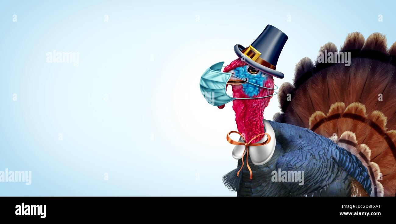 Banner sano del Ringraziamento come segno stagionale con un tacchino tom o gobler indossare una maschera medica viso e chirurgica protezione del viso per la malattia. Foto Stock