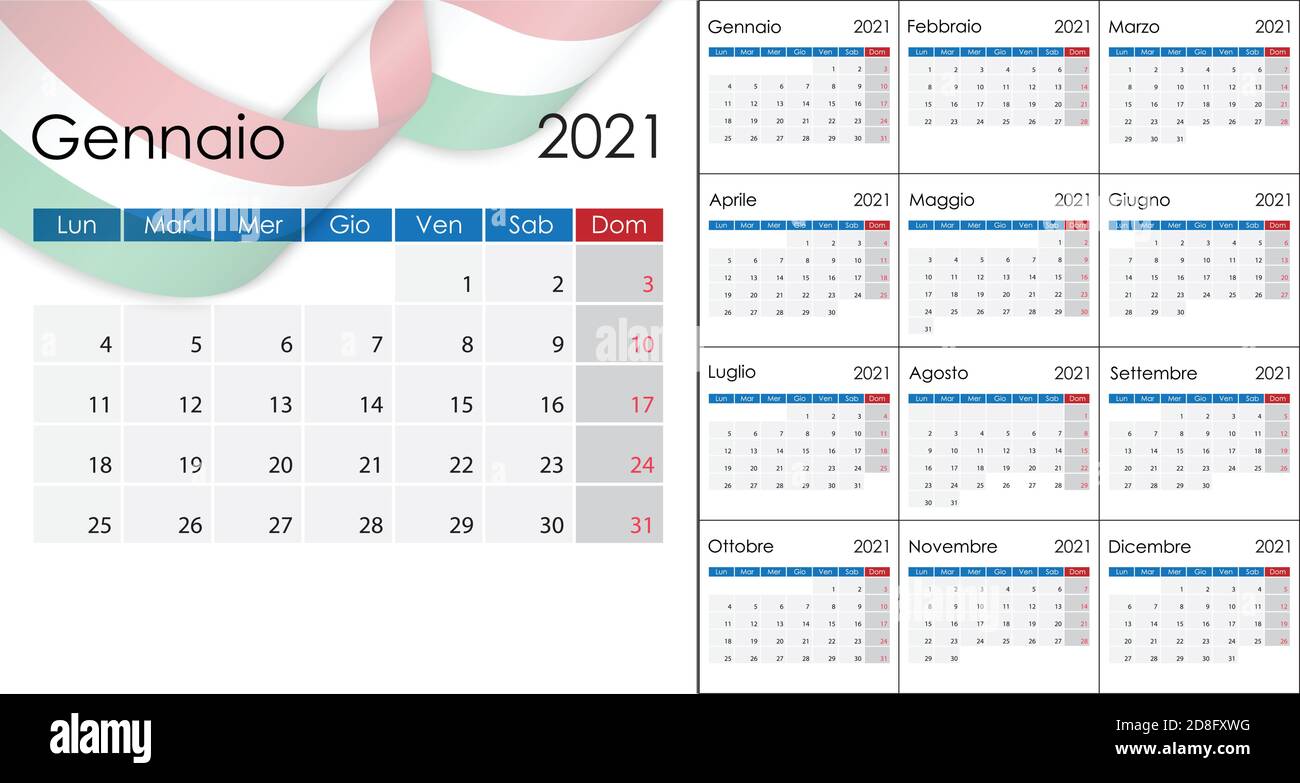 Simple Calendar 2021 in lingua italiana, la settimana inizia il lunedì. Illustrazione Vettoriale