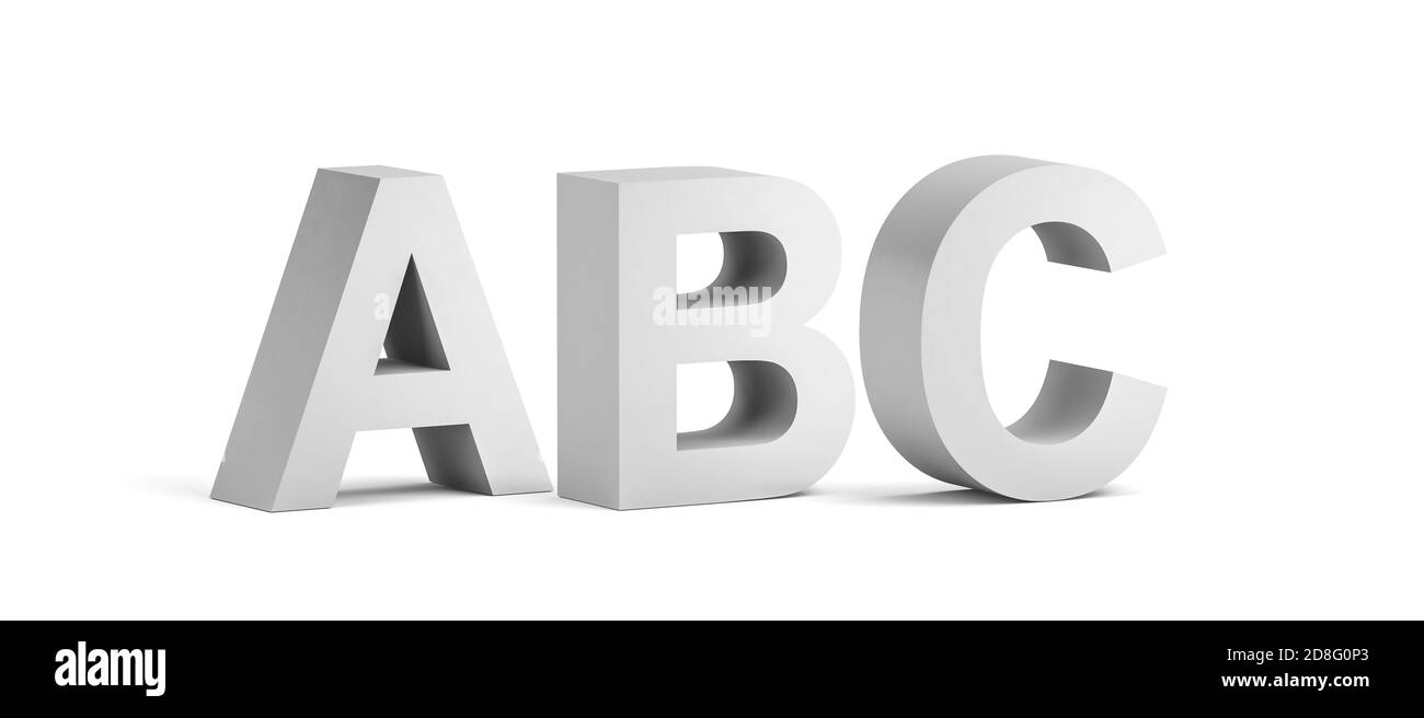 ABC, lettere bianche in grassetto isolate su sfondo bianco con ombreggiatura morbida, rappresentazione 3d Foto Stock