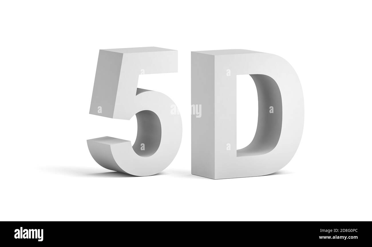 5D, testo digitale su sfondo bianco con ombre morbide. illustrazione del rendering 3d Foto Stock