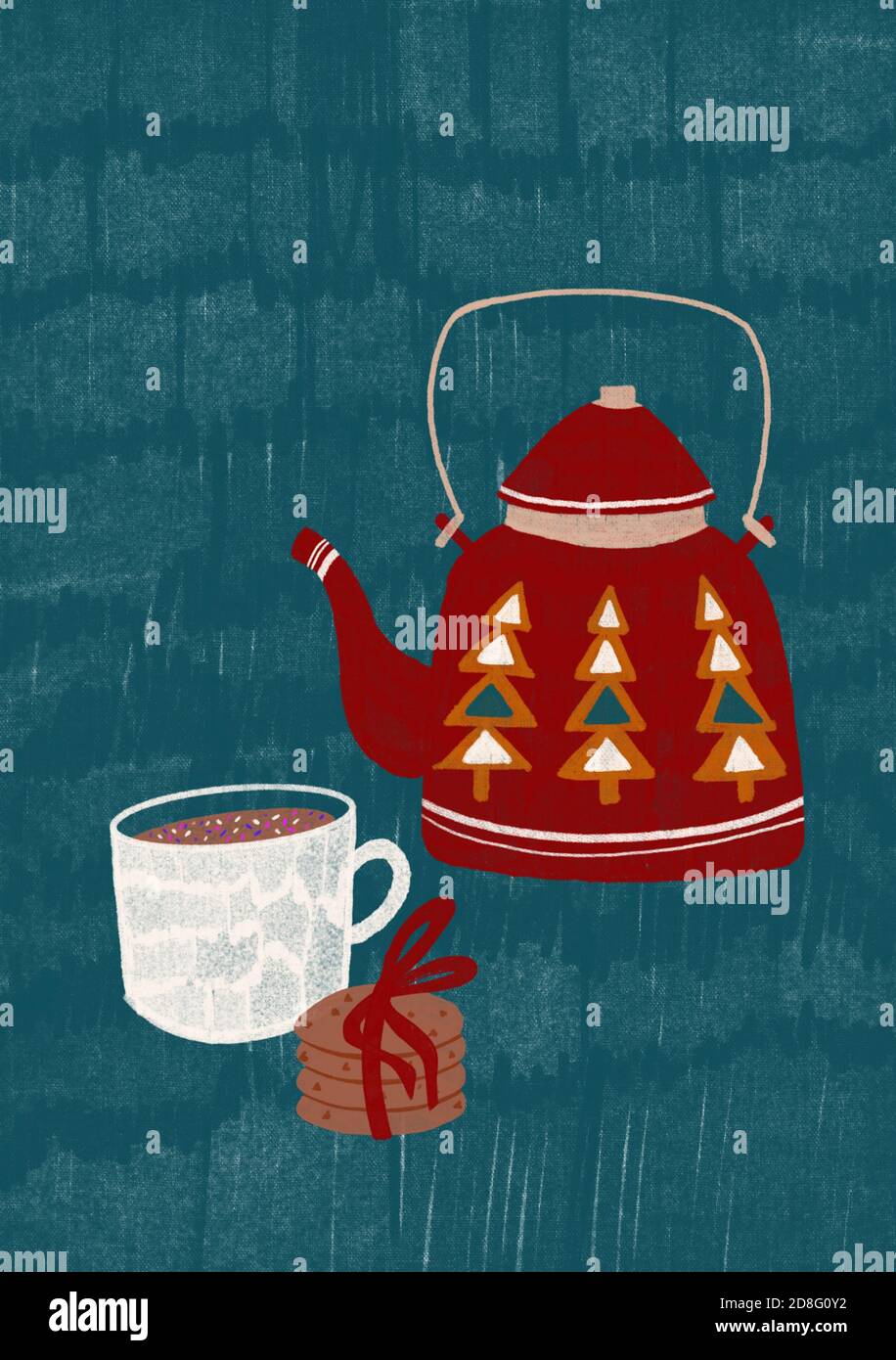 Carta regalo di Natale disegnata a mano. La teiera rossa, la tazza bianca e  i biscotti allo zenzero. Stampa carina per inviti, poster, tag. Stampe in  stile cartoon Foto stock - Alamy