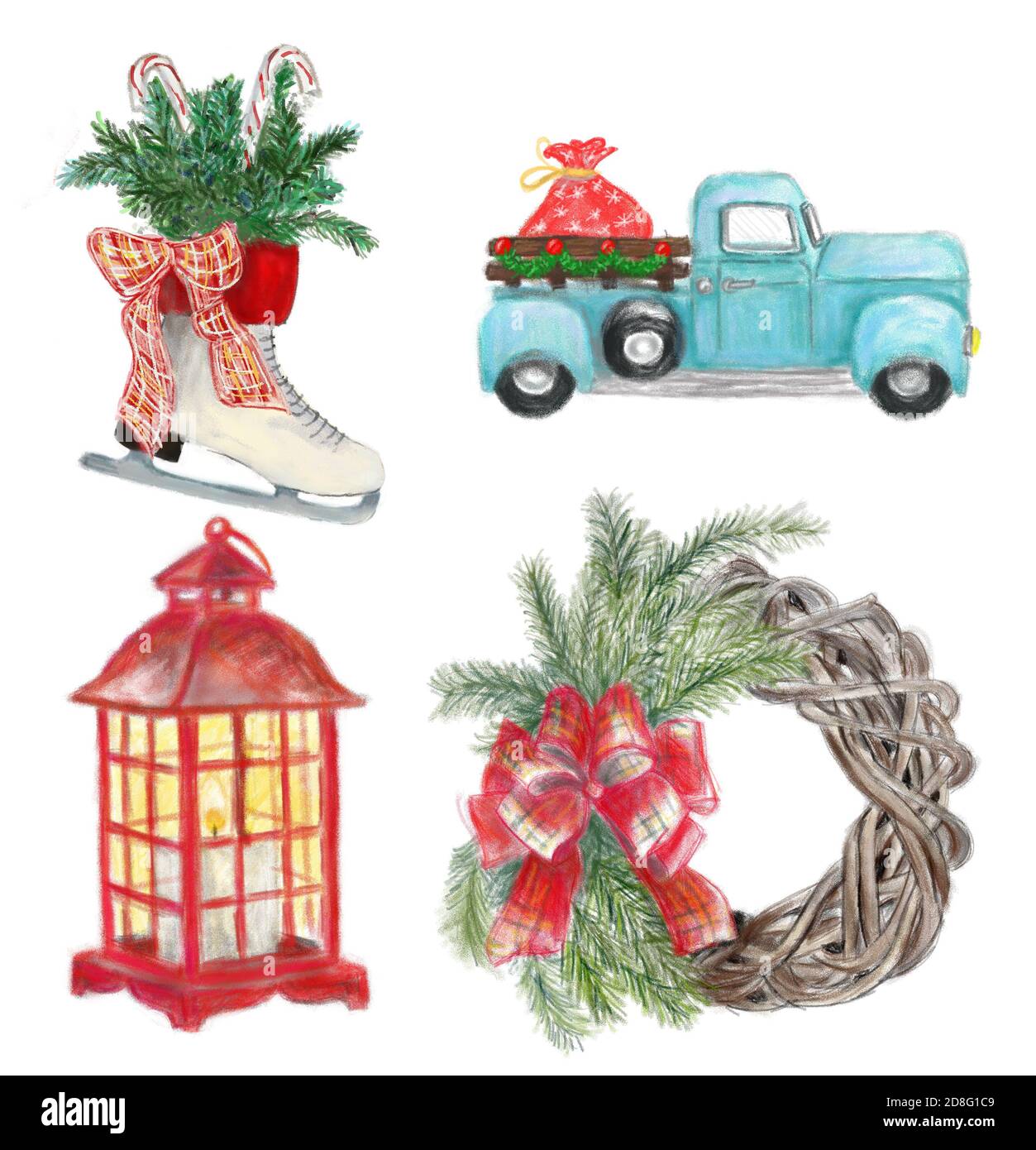 Decorazione adesivi natalizi, corona, auto con regali, skate, candela lanterna. Elementi decorativi per cartoncino Foto Stock