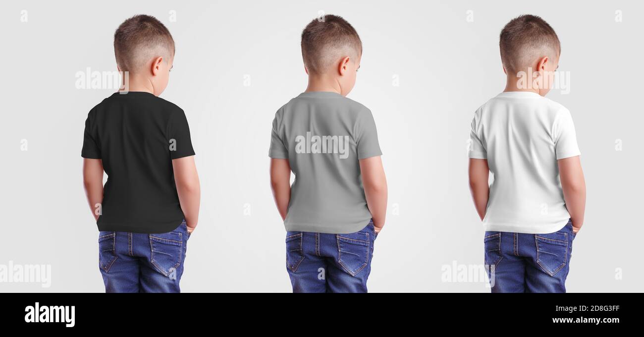 Un modello per i vestiti dei bambini su un ragazzo in jeans, con le mani in tasca, per la presentazione di design e la pubblicità in un negozio online. bab baffi Foto Stock