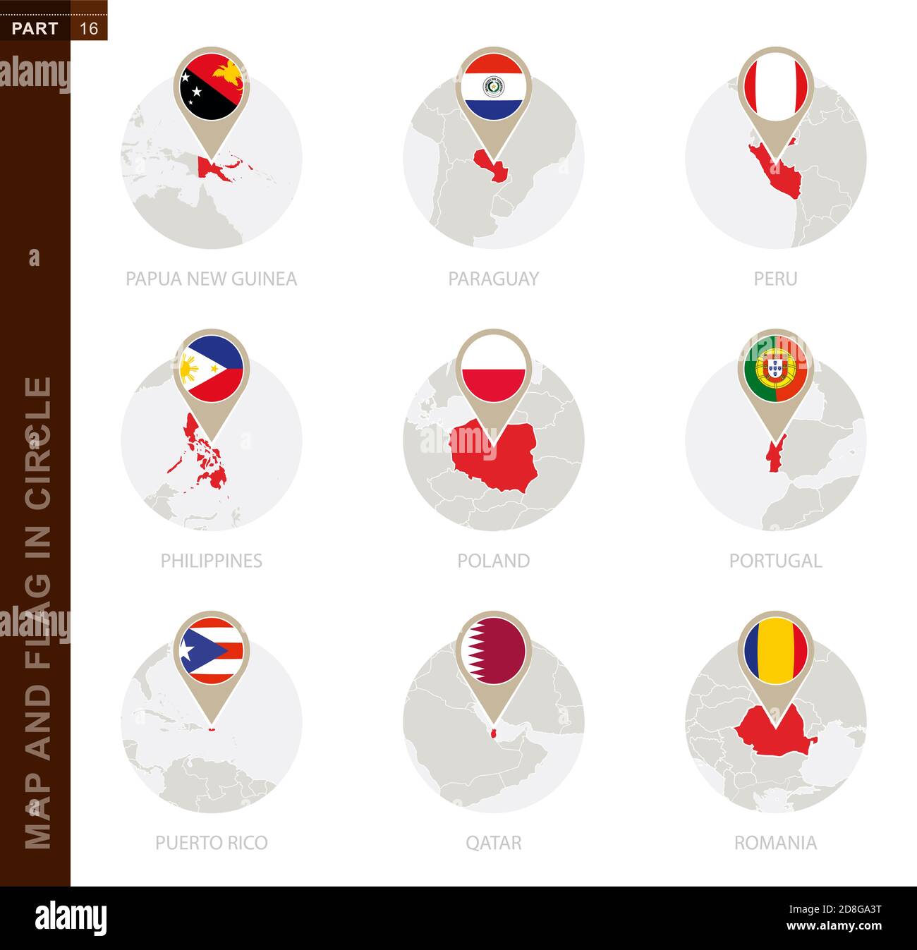 Mappa e Bandiera in un cerchio di 9 paesi: Papua Nuova Guinea, Paraguay, Perù, Filippine, Polonia, Portogallo, Porto Rico, Qatar, Romania Illustrazione Vettoriale