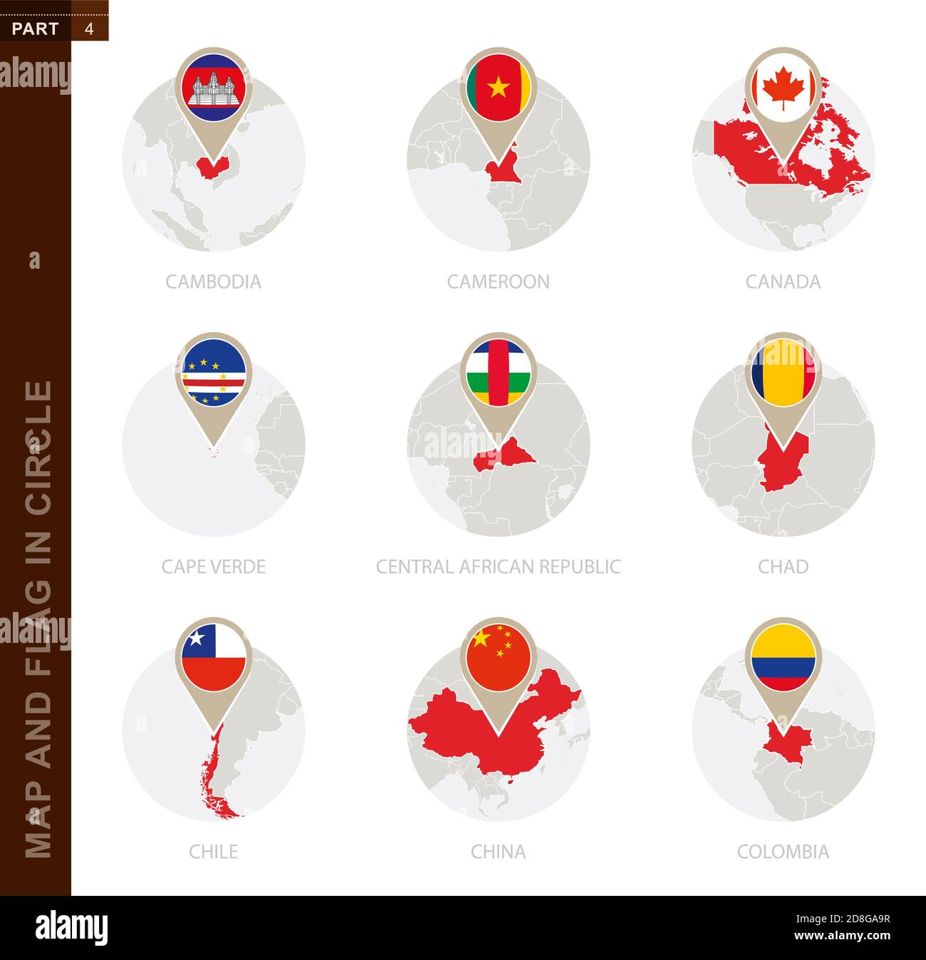 Mappa e Bandiera in un cerchio di 9 paesi: Cambogia, Camerun, Canada, Capo Verde, Repubblica Centrafricana, Ciad, Cile, Cina, Colombia Illustrazione Vettoriale