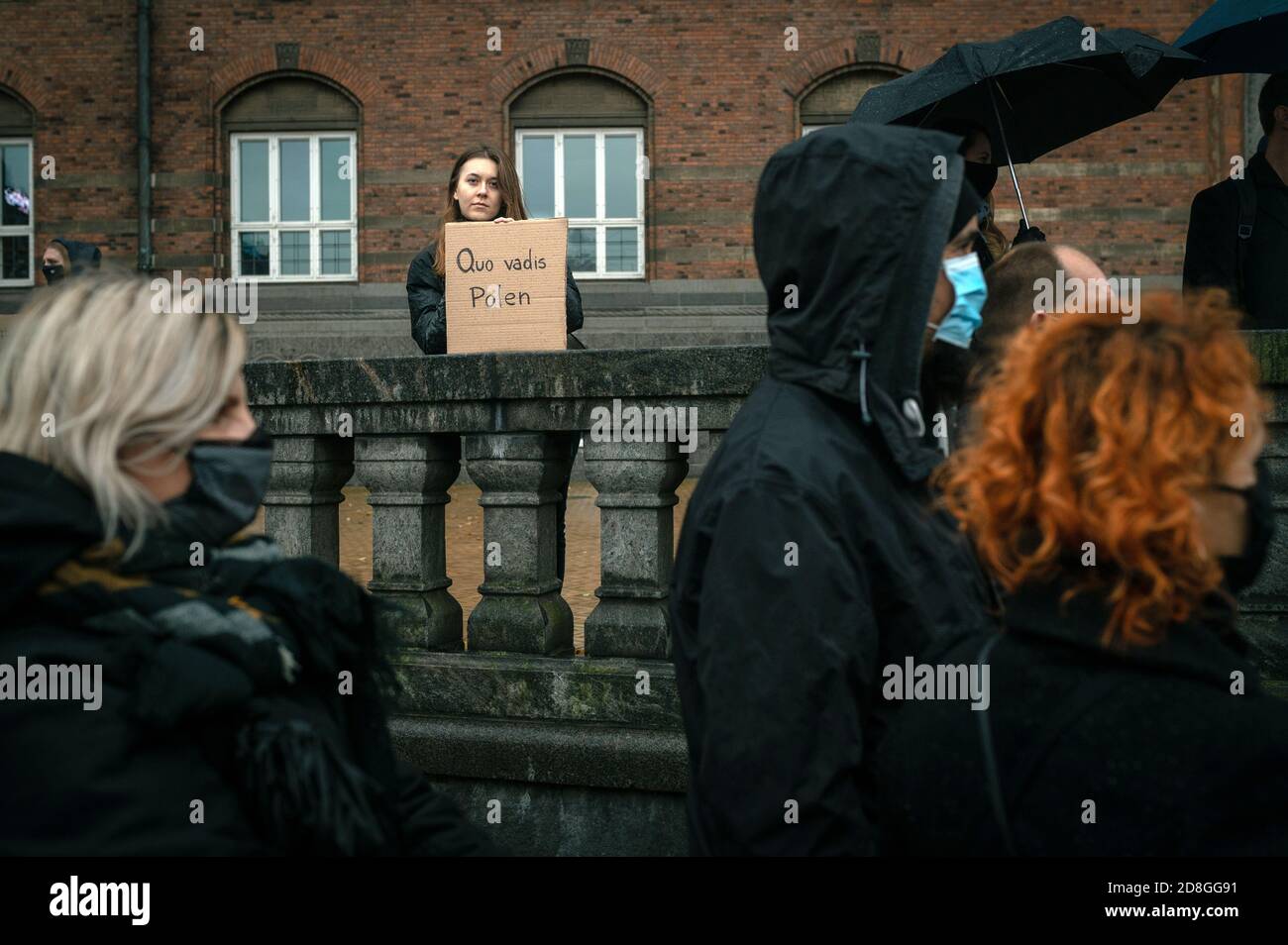 Copenaghen, Danimarca. 25 ottobre 2020. I polacchi in Danimarca e i sostenitori protestano contro la severa legge sull'aborto in Polonia. I manifestanti tengono i cartelli con slogan e hanno portato l'immagine rossa del fulmine che è diventata un simbolo delle proteste. Foto Stock