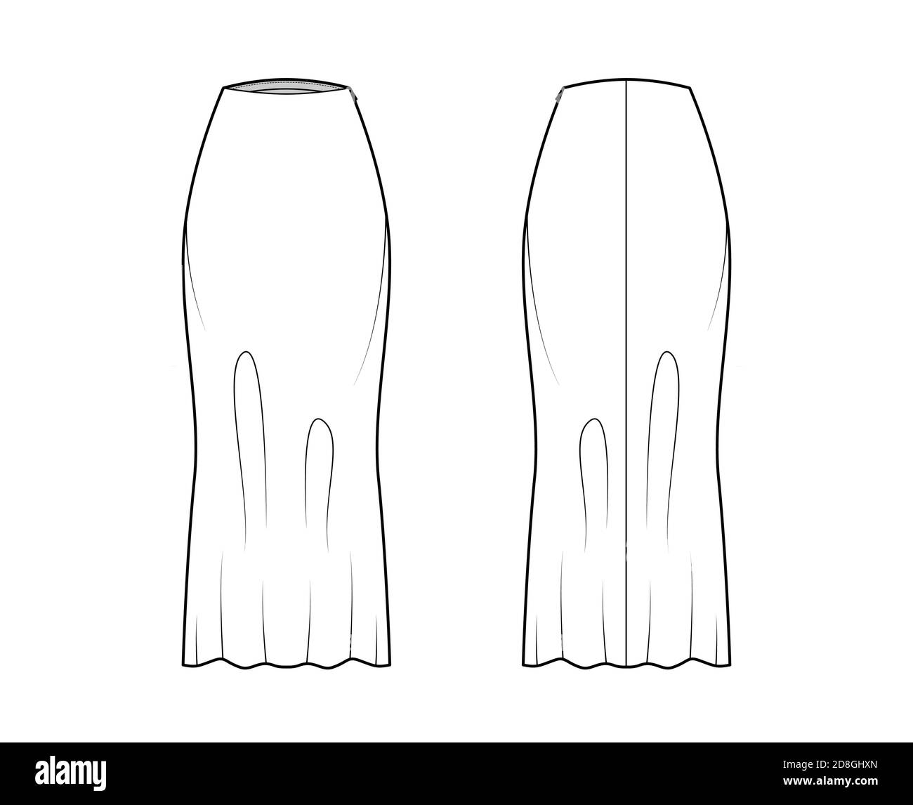 Gonna lunga deviazione taglio tecnico moda illustrazione con maxi lunghezze silhouette, semi-fit fullness. Modello a fondo piatto, anteriore, posteriore, colore bianco. Donne, uomini, unisex CAD mockup Illustrazione Vettoriale