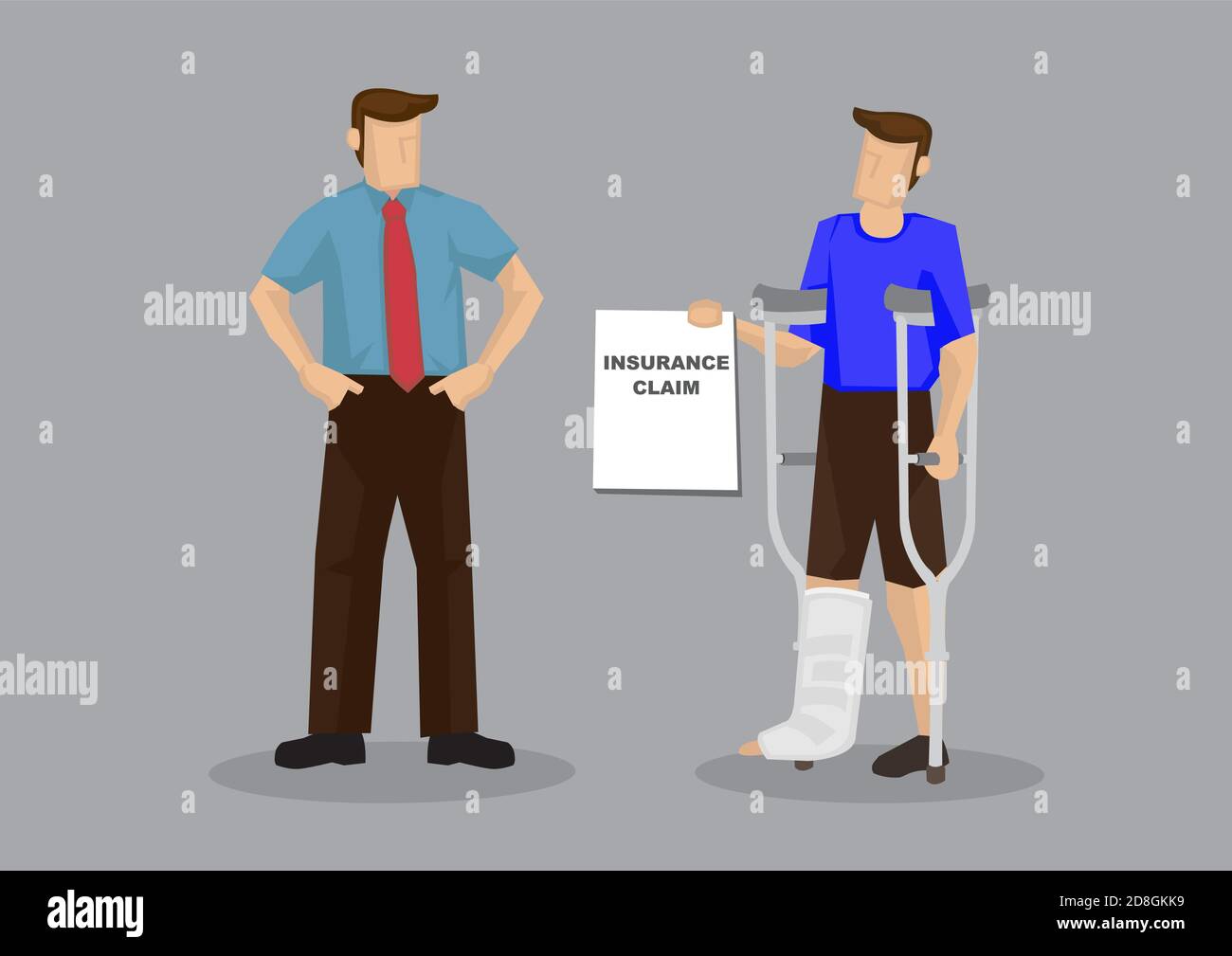 Dipendente ferito con stampelle e gesso gamba che mostra il documento di reclamo di assicurazione medica del datore di lavoro. Cartoon vettore illustrazione su assicurazione medica Illustrazione Vettoriale