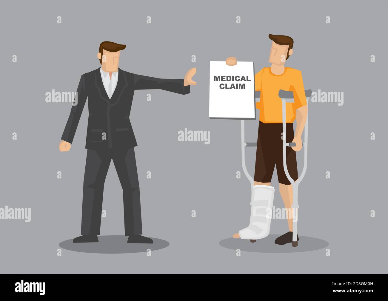 Personaggio uomo cartone animato con stampelle e gamba intonacata negata reclamo medico da uomo d'affari. Illustrazione vettoriale sul concetto di assicurazione medica isolato o Illustrazione Vettoriale