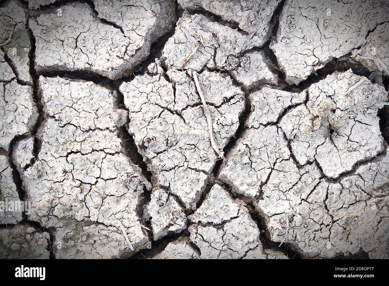 Closeup di suolo asciutto. Consistenza incrinata del terreno. Terreno in siccità, consistenza del terreno e fango secco, terreno asciutto. Foto Stock