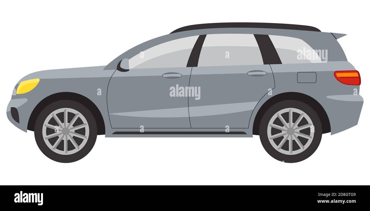 Vista laterale SUV. Automobile grigia in stile cartone animato. Illustrazione Vettoriale