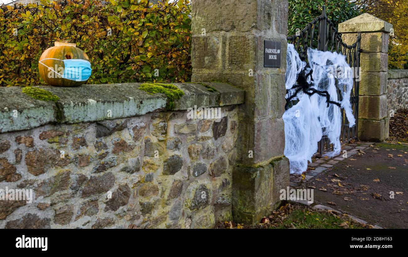 East Lothian, Scozia, Regno Unito, 30 ottobre 2020. Decorazioni di Halloween: Una casa in Athelstaneford entra nello spirito di Halloween decorando una porta con un grande web di ragno e ragno falso così come le zucche su una parete, uno che indossa una maschera facciale Foto Stock