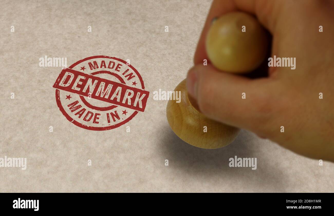 Stampato e stampato a mano in Danimarca. Concetto di fabbrica, produzione e paese di produzione. Foto Stock